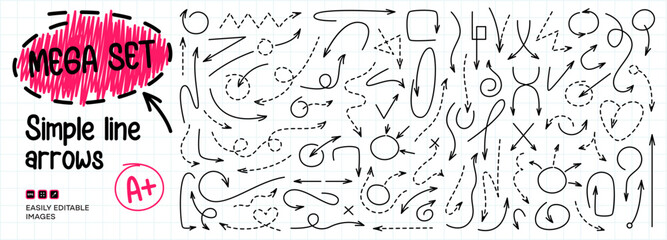 Mega Set of Simple Line Arrows. Minimalist Dashed and Solid. Hand-Drawn Black Arrows in Simple Line Styles - Various Directions and Designs