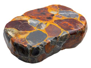 Intricate, colorful conglomerate rock sample isolated on white.  Rich textures and earthy tones create a captivating visual, perfect for geology, nature, or design projects.