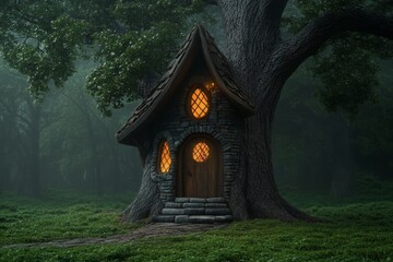 A treehouse in the middle of a glowing forest, where people live peacefully and in balance