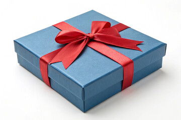 Obraz premium Blue Gift Box with Vibrant Red Ribbon, Holiday or Birthday Theme, Isolated on White Background