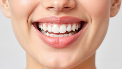 Fototapeta premium Smiling woman showing bright teeth against plain background 