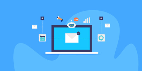 Email on laptop screen, AI driven marketing automation system sending message to customers or subscribers right on calendar schedule, analysing email campaign performance business concept.