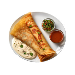 Crispy Dosa with Tomato Salsa and Green Chutney on White Background