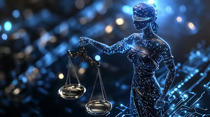 A high tech AI powered automated legal assistant, virtual assistant providing real-time legal advice based on case data and precedents, Legal tech style