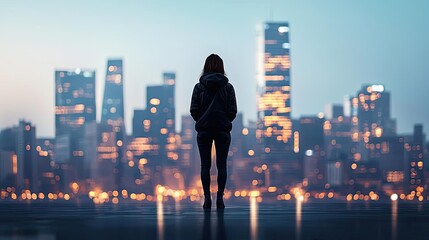 Fototapeta premium Silhouette of women in atmospheric globalization with city lights concept. A silhouette of a person overlooking a vibrant cityscape at dusk.