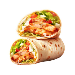 Chicken Shawarma Wrap, Coleslaw, Tomato Slices, Mayonnaise Isolated on White