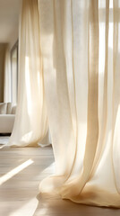 Golden sunlight filters through a delicate, draped curtain creating an ethereal ambiance