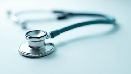 A single stethoscope lying on a white surface, veterinary setting implied , background, checkup, sterile