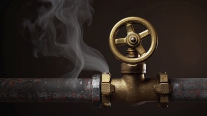 A striking close-up of a gas valve showing a leak that releases an invisible vapor in a dimly lit environment. The vivid warm tones enhance the industrial aesthetic, focusing on the intricate details.