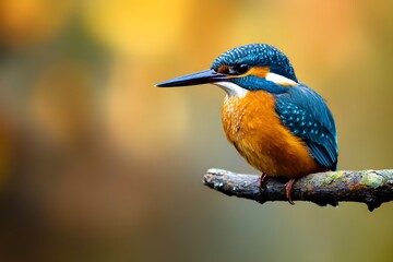 Kingfisher bird perched on a branch with blurred colorful autumn foliage background.