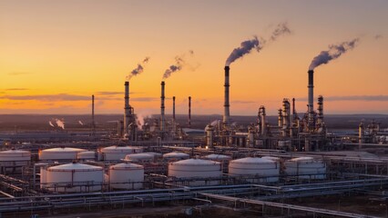 Obraz premium A stunning industrial plant at sunset showcasing low emission exhaust with warm colors. The image captures serene beauty against an energy-driven backdrop.