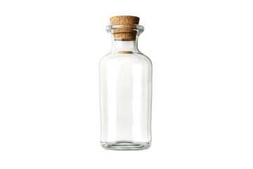 Empty glass bottle with cork stopper on white background simple minimalist design clear glass