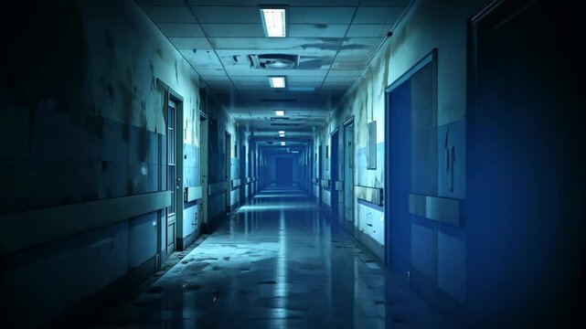 Eerie abandoned hospital corridor, flickering lights cast spectral shadows. Faint echoes of footsteps hint at unseen phantoms, a chilling mystery unfolds