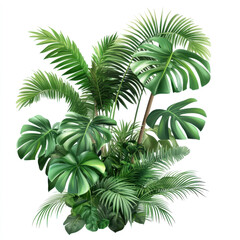 Fototapeta premium Lush tropical foliage vibrant green palm monstera leaves botanical illustration with rich saturated colors sharp detail