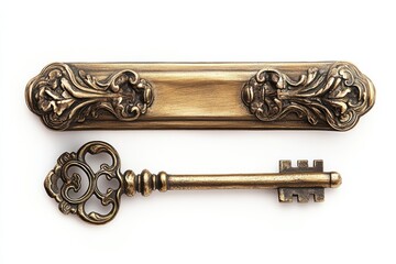 Antique ornate key and its matching decorative box isolated on white background with rich golden