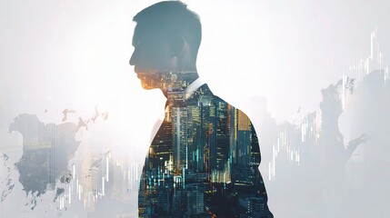 Double Exposure Businessman in Hong Kong Cityscape at Night