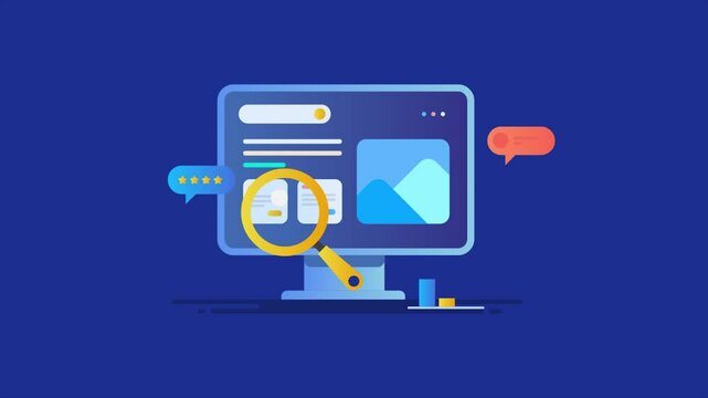 Magnifier on computer screen, analysing SEO ranking and web traffic graph, search engine optimization concept.