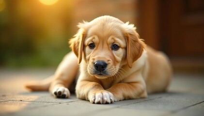Golden Retriever puppy lies down, playfully looking at camera , lying down, retriever