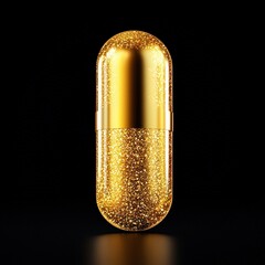 A gold pill with a shiny surface. The pill is surrounded by a black background