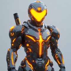 A futuristic soldier wearing a high tech armored suit is depicted
