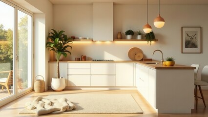 Bright and airy kitchen design with natural light illuminating a minimalist space featuring a neutral color palette, wooden accents, and lush greenery