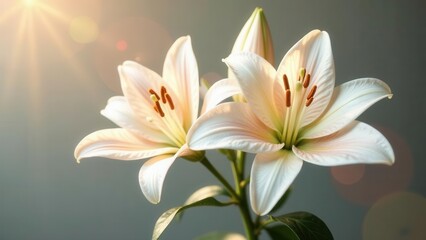 Fototapeta premium Delicate white lilies bathed in warm sunlight, a symbol of purity and peace, gently swaying in a soft breeze.