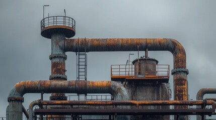 Pipe-laden industrial framework shot with contrast against a stormy grey backdrop