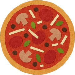 Paper cutout illustration of a pizza with mushrooms, pepperoni, cheese strips, olives, and basil on a white background