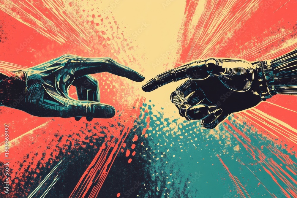 Poster modern collage illustrating conflict between human hand and robotic hand, symbolizing future technol