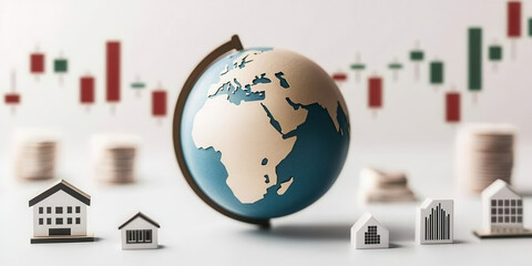 Globe with real estate icons and stock market charts, symbolizing investment opportunities