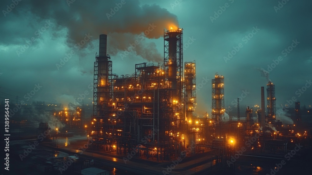 Aufkleber Heavy machinery and towering structures are illuminated as the industrial facility engages in mining and excavation activities, producing energy against a stormy backdrop.