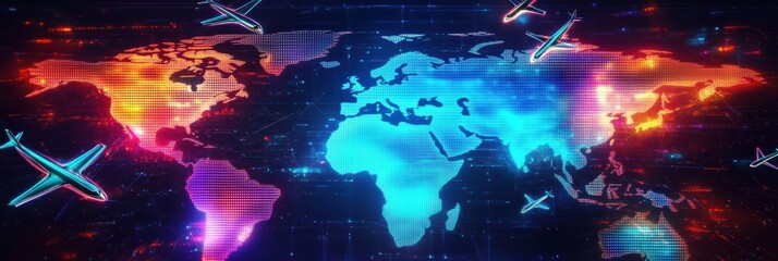 Naklejka premium Explore a vibrant abstract world map with glowing airplane icons and travel routes in a neon futuristic aesthetic