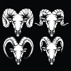 Collection Mountain goat head mascot silhouette icon with aggressive expression monochrome style vector illustration isolated on black background