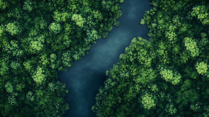 Aerial view of a river flowing through a lush green forest.