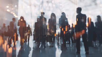Obraz premium Double Exposure Effect of Business Conference Attendees in Motion