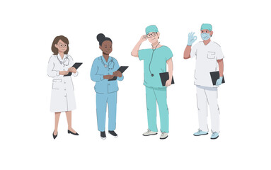 International Labor Day, medical staff, a team of different doctors, men and women. Vector illustration in a flat style.