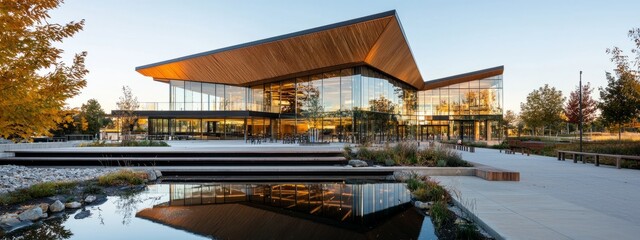 Obraz premium Modern Architectural Building with Glass Facade and Green Landscape