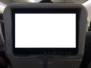 Close up view of entertainment screen on back of airplane seat. Blank mock up for out of home (OOH) advertising. Template for digital marketing on in-flight entertainment screen.