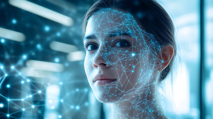 A machine learning researcher developing facial recognition algorithms for identity verification, office with facial recognition data and AI models visible, High-tech style