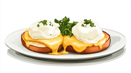 Two eggs benedict on toast with hollandaise sauce and parsley garnish on a white plate view