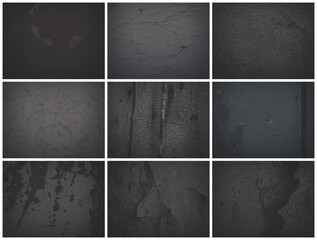 Set of dark background textures. Collection of textures with peeling paint, cracks, rust,...