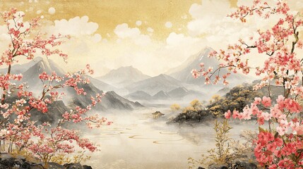 Serene landscape with cherry blossoms, mountains, and a tranquil lake