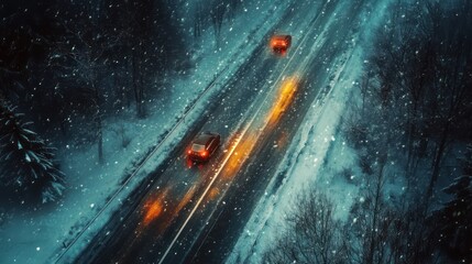 Obraz premium Snowy Night Road Cars driving on a snow-covered road through a forest at night. Winter driving safety