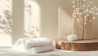 Stack of white towels with flowers on wood pedestal in soft light.