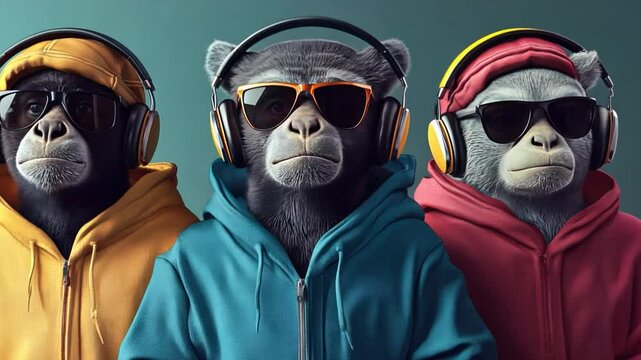 Three Cool Monkeys Wearing Colorful Hoodies and Headphones, Engaging in Fun and Playful Activities, Reflecting a Trendy Urban Vibe