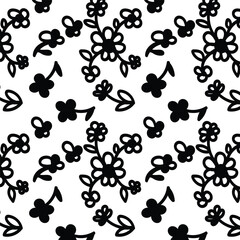  Charming hand-drawn floral seamless pattern in black and white. Playful flower and leaf doodles in a modern sketchy style. Perfect for vector design and illustrations.