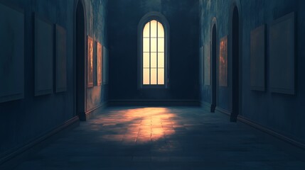 Fototapeta premium Dark gallery hallway with sunlight.