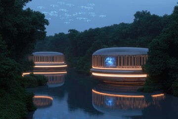 Futuristic buildings reflect on tranquil water, surrounded by lu