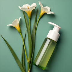 Aesthetic flat lay featuring white calla lilies and a green skincare bottle on a muted teal background.