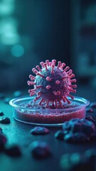 Fototapeta premium A striking representation of a virus sits in a petri dish, illuminated by dynamic lighting. The intricate details and vivid colors create a captivating display of microscopic life.
